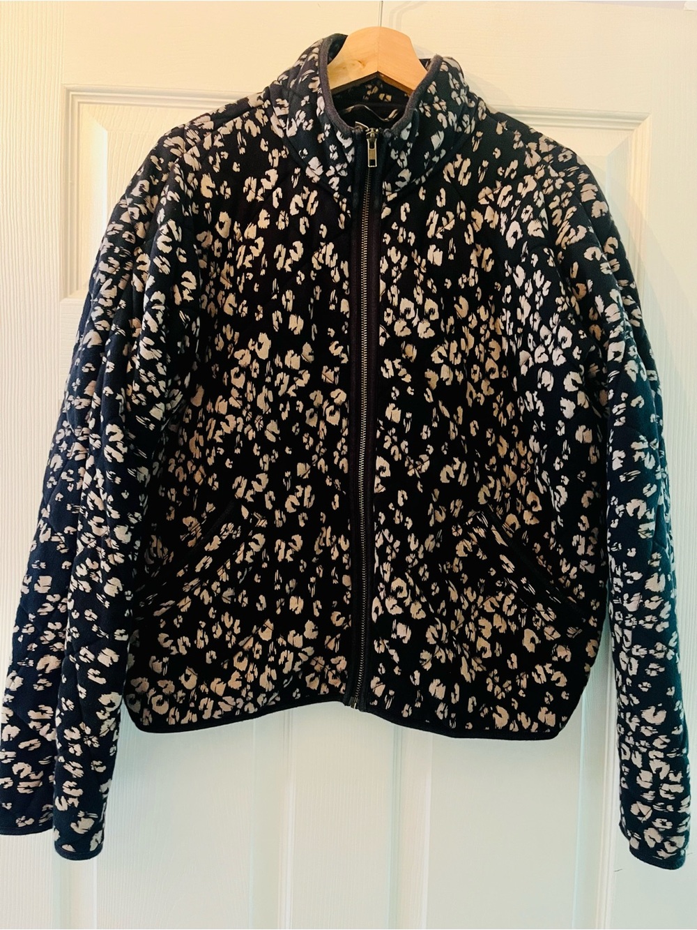 Garnet Hill Black and Tan Leopard-Print Quilted Jacket